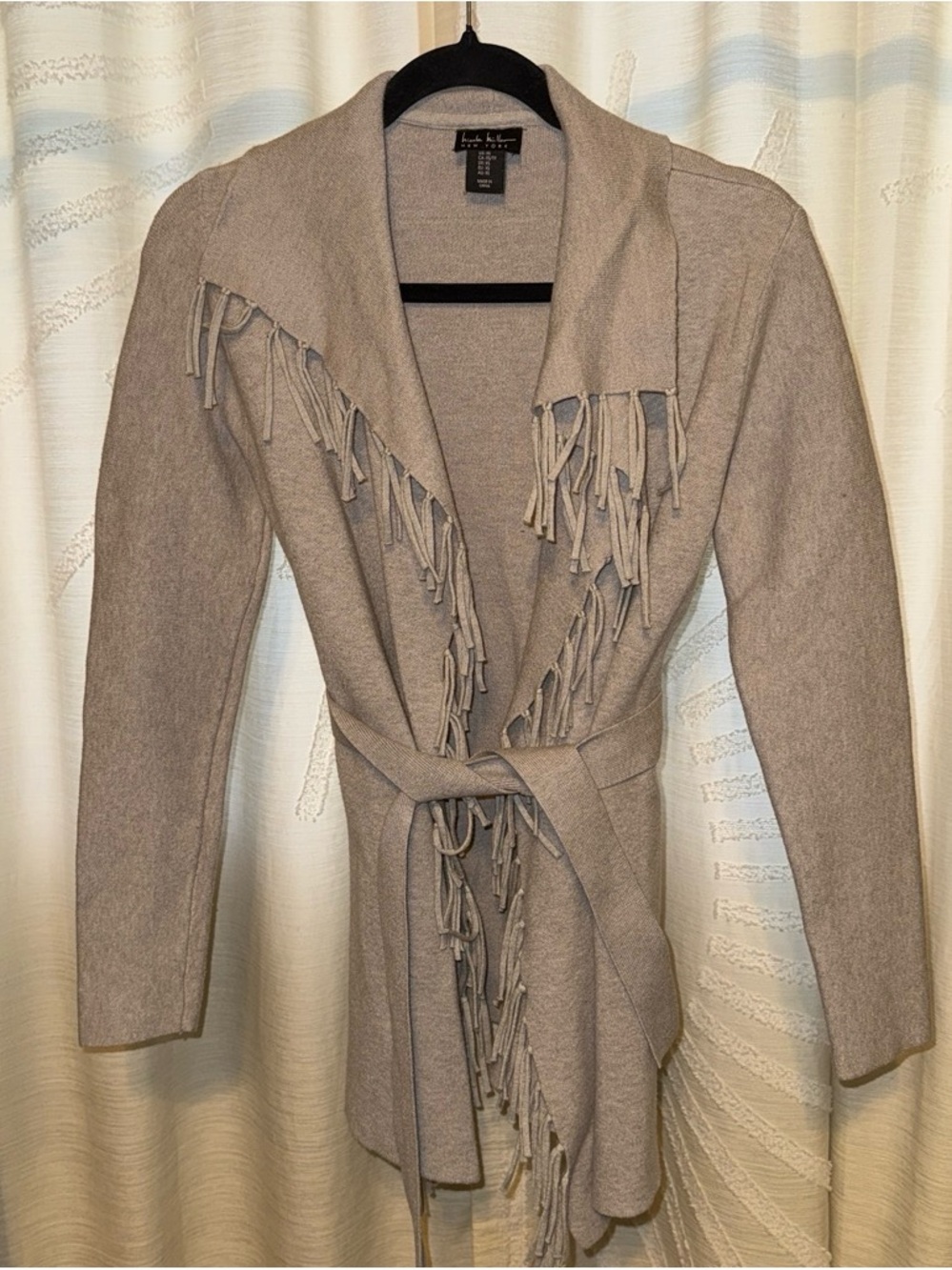 Nicole Miller Taupe Fringed Belted Open-Front Cardigan